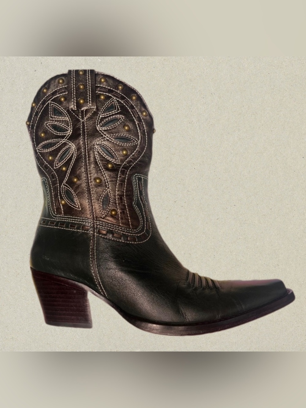 Cole HAAN , Emerald & brown studded leather Cowgirl boots